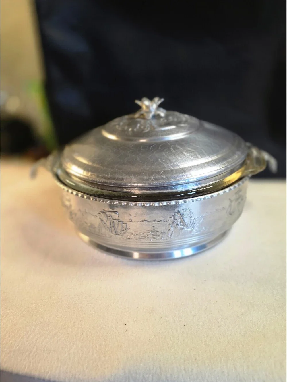 Vintage Forman 4 Ware Aluminum Covered Casserole Glass Insert Sailing Ships